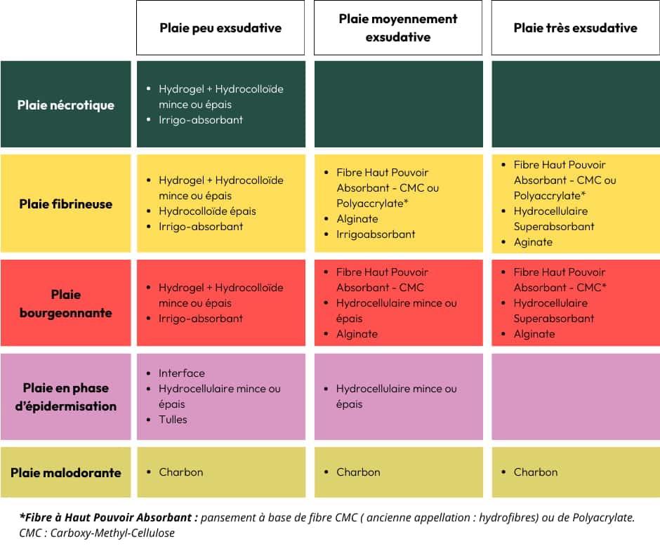 conseils choix du traitement de la plaie en fonction de la classification colorimétrique